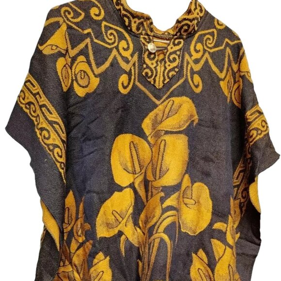 Unbranded Jackets & Blazers - Fringed Poncho Cape Serape Boho Black Floral Southern Chic Size 2X Mexico